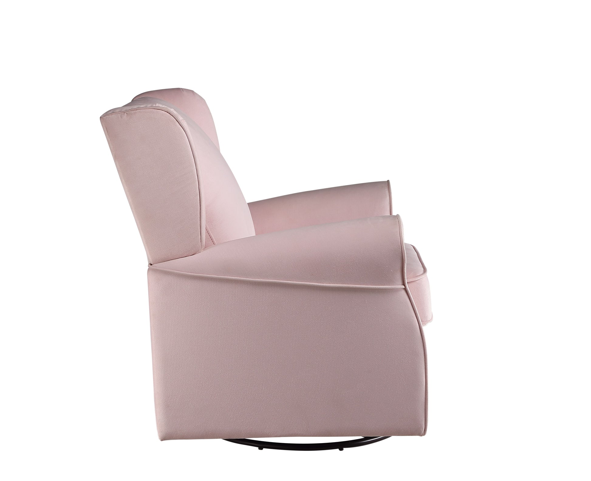 Soft pink upholstered swivel armchair with a plush seat and curved back