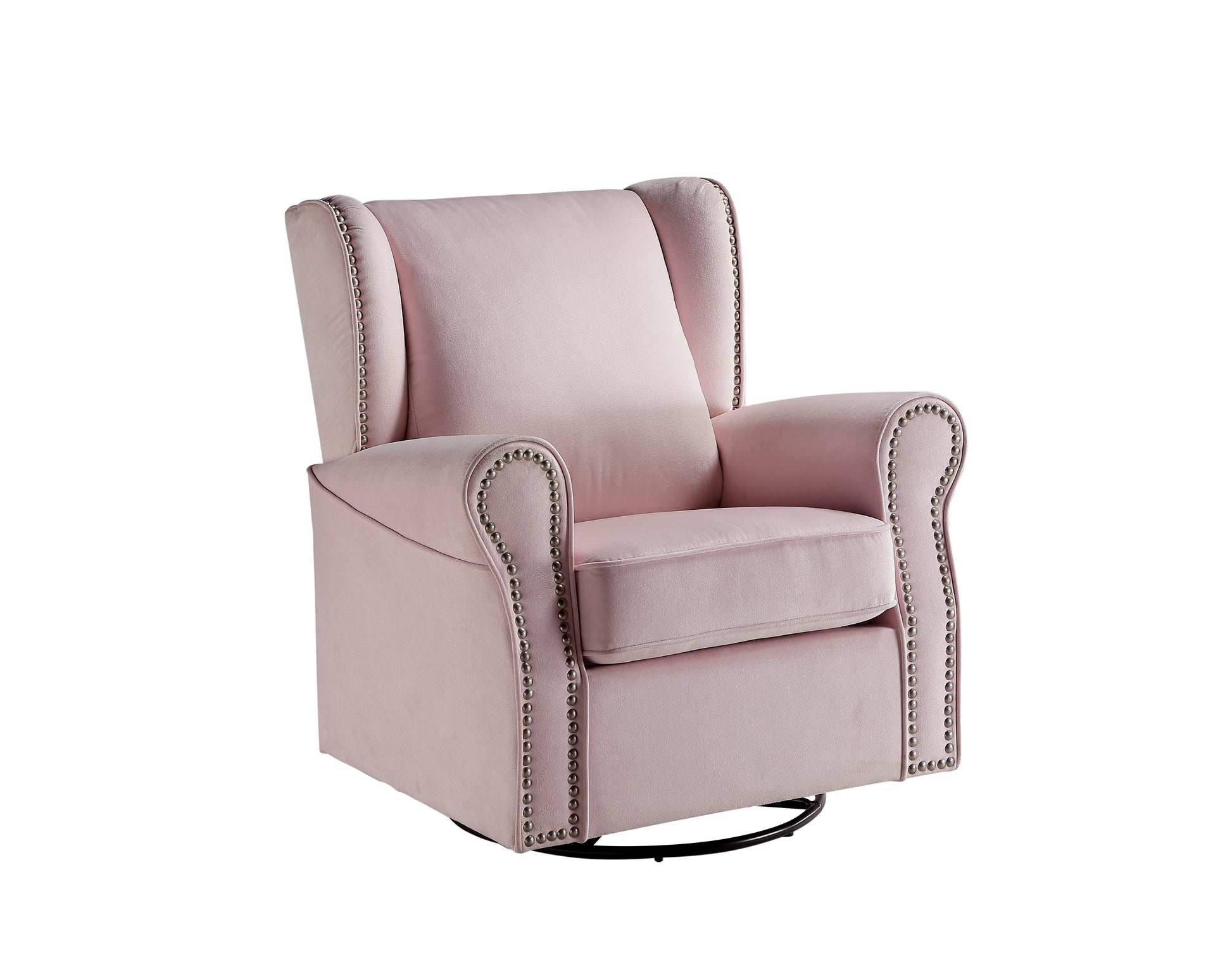 Elegant pink velvet wingback chair with silver nailhead trim and swivel base