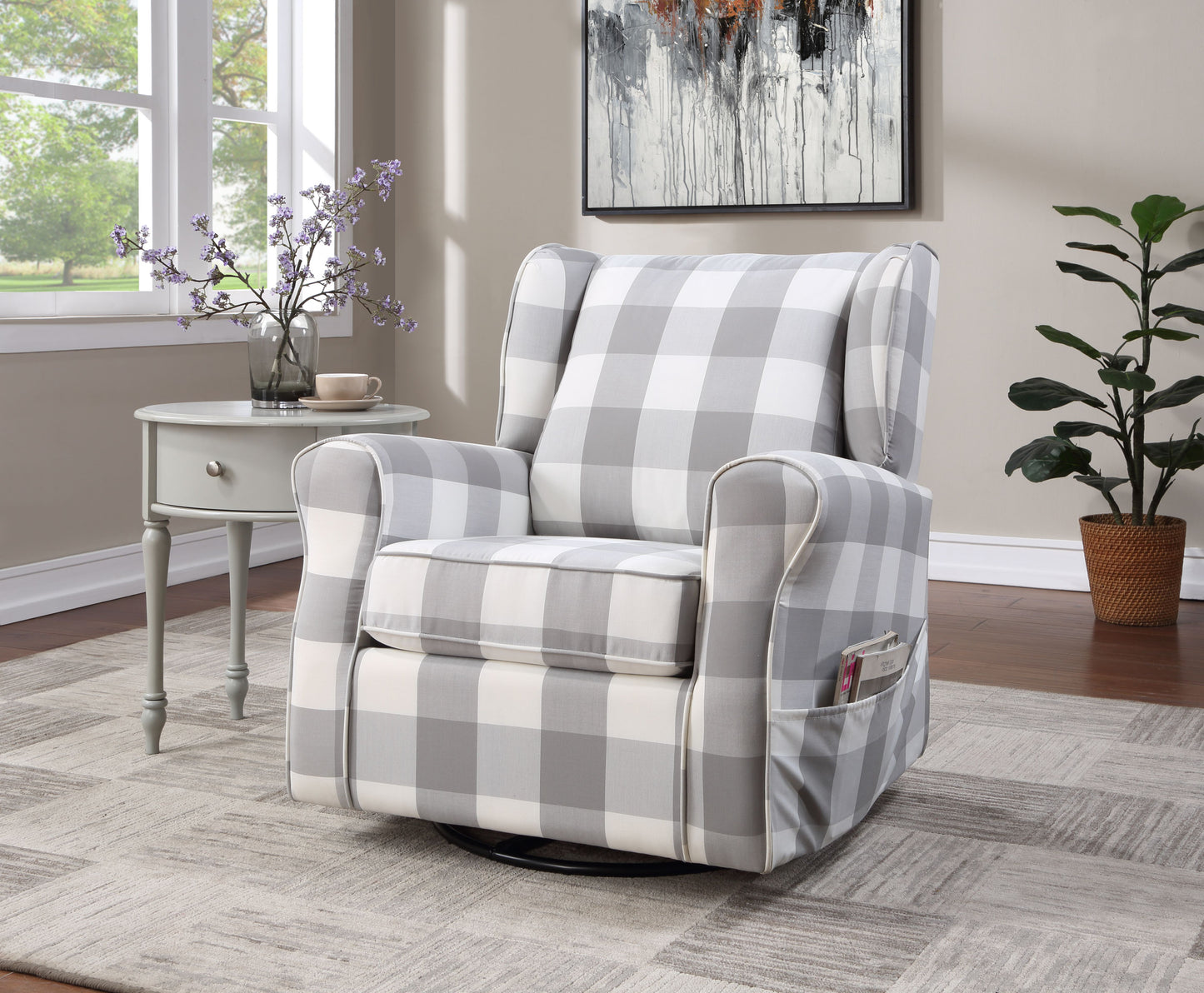 Gray and white buffalo plaid swivel glider recliner with comfortable armrests and side pocket for magazines