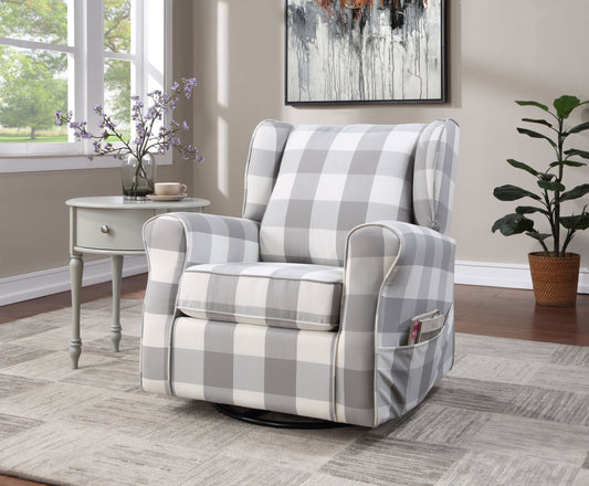 Gray and white buffalo plaid swivel glider recliner with comfortable armrests and side pocket for magazines
