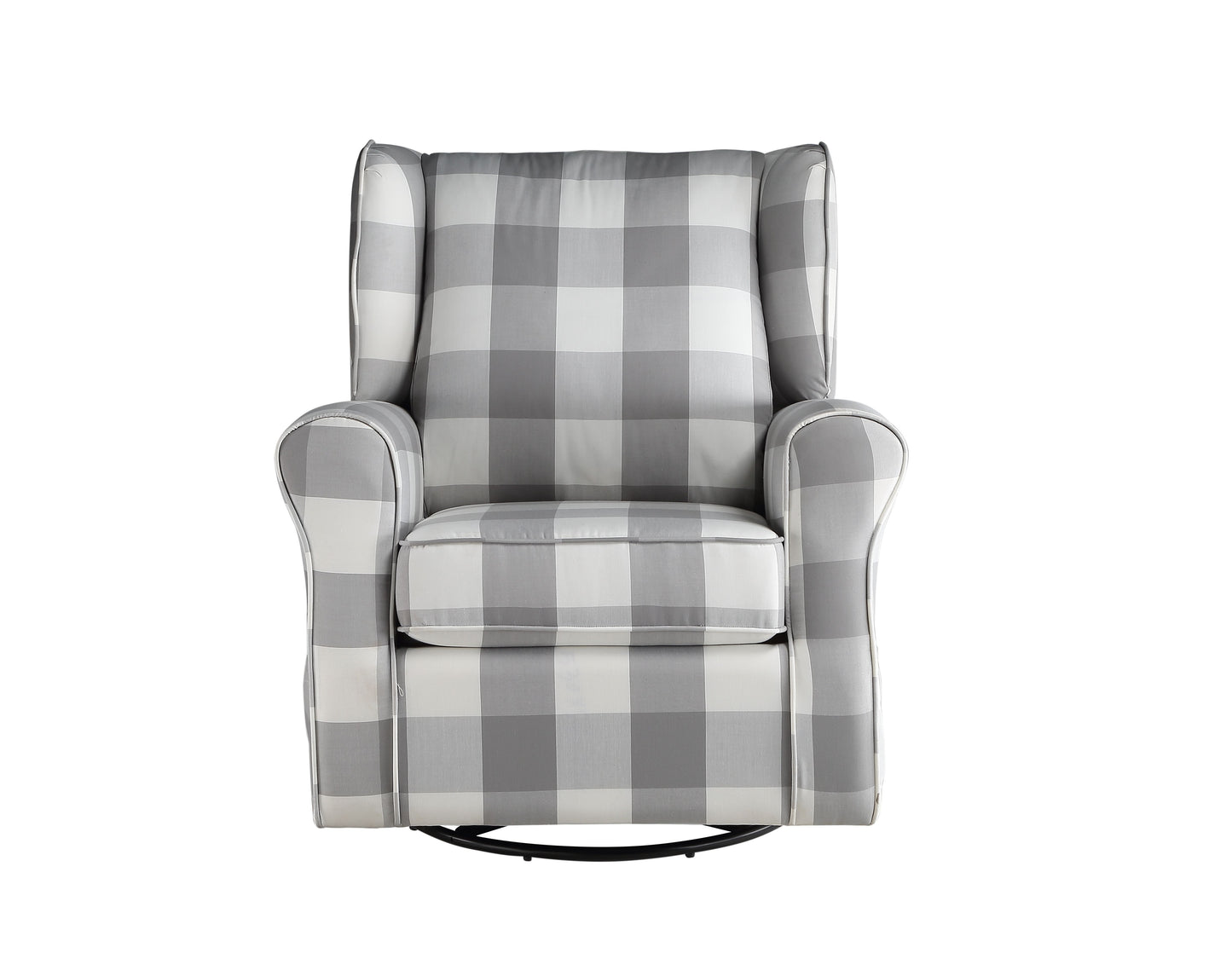 Gray and white buffalo check upholstered swivel recliner chair with padded arms