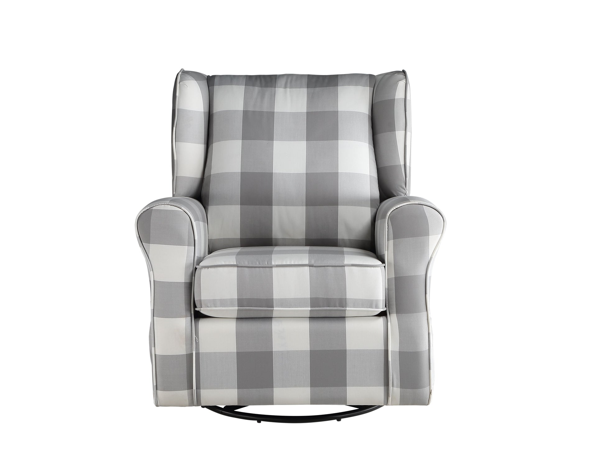 Gray and white buffalo check upholstered swivel recliner chair with padded arms