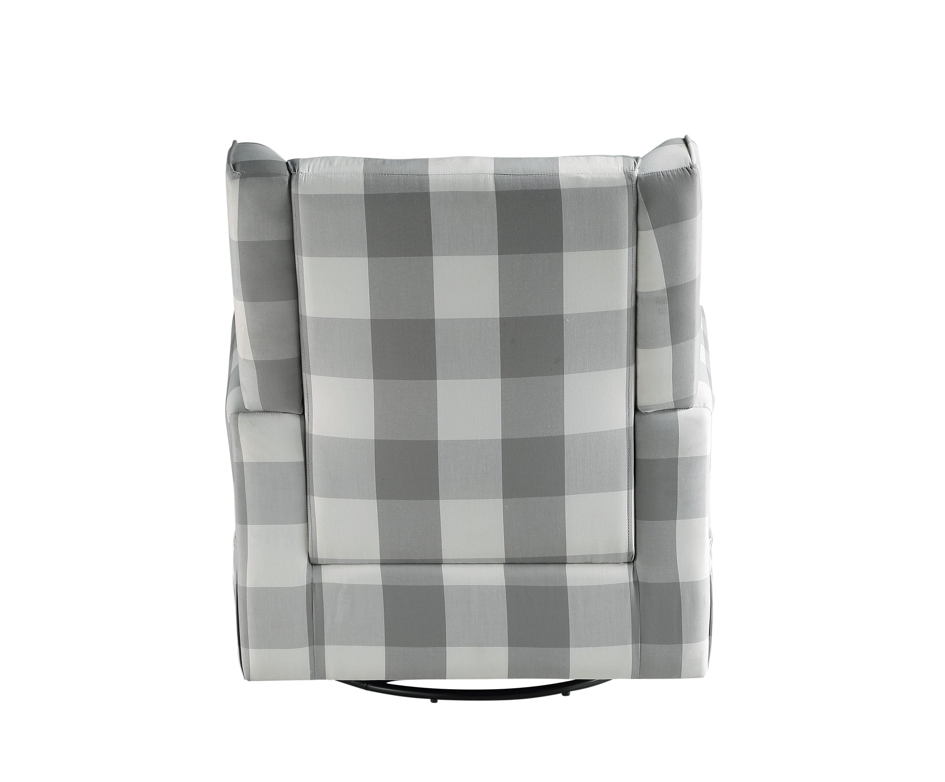 Gray buffalo check upholstered swivel chair with tufted back detail