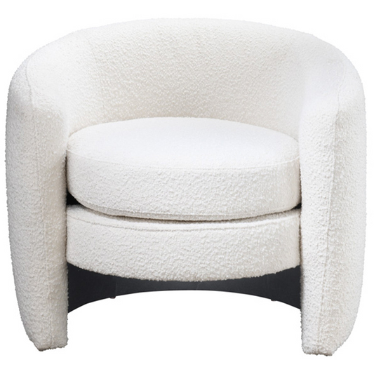 Cozy white boucle armchair with plush seat cushions perfect for a modern living room