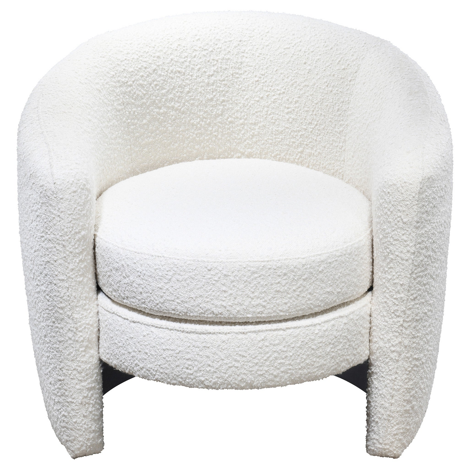 Plush white boucle armchair with rounded silhouette and deep seat cushion perfect for a modern living room