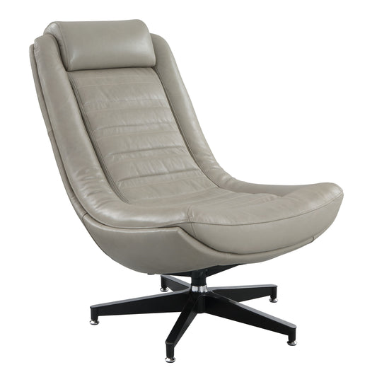 Modern grey leather lounge chair with quilted detail and black swivel base