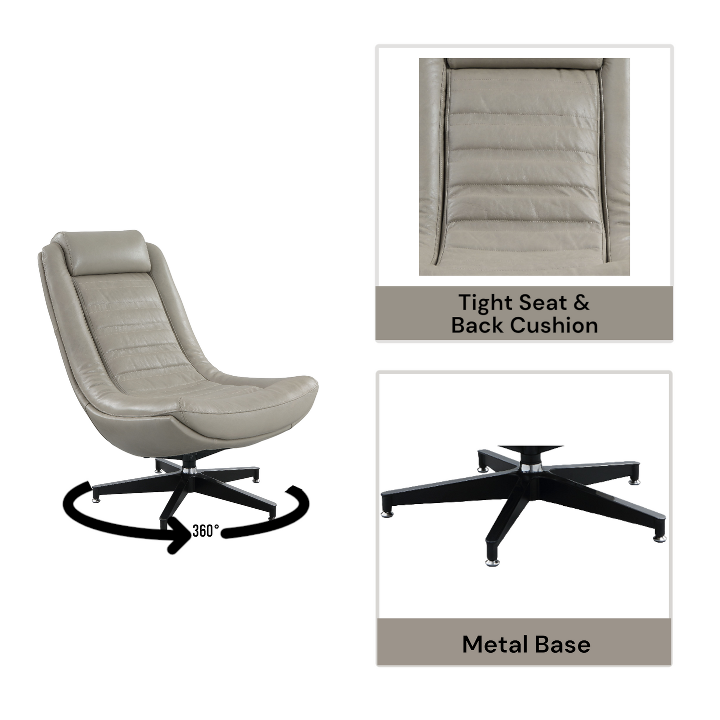 Contemporary grey leather lounge chair with quilted cushioning and a degree swivel metal base