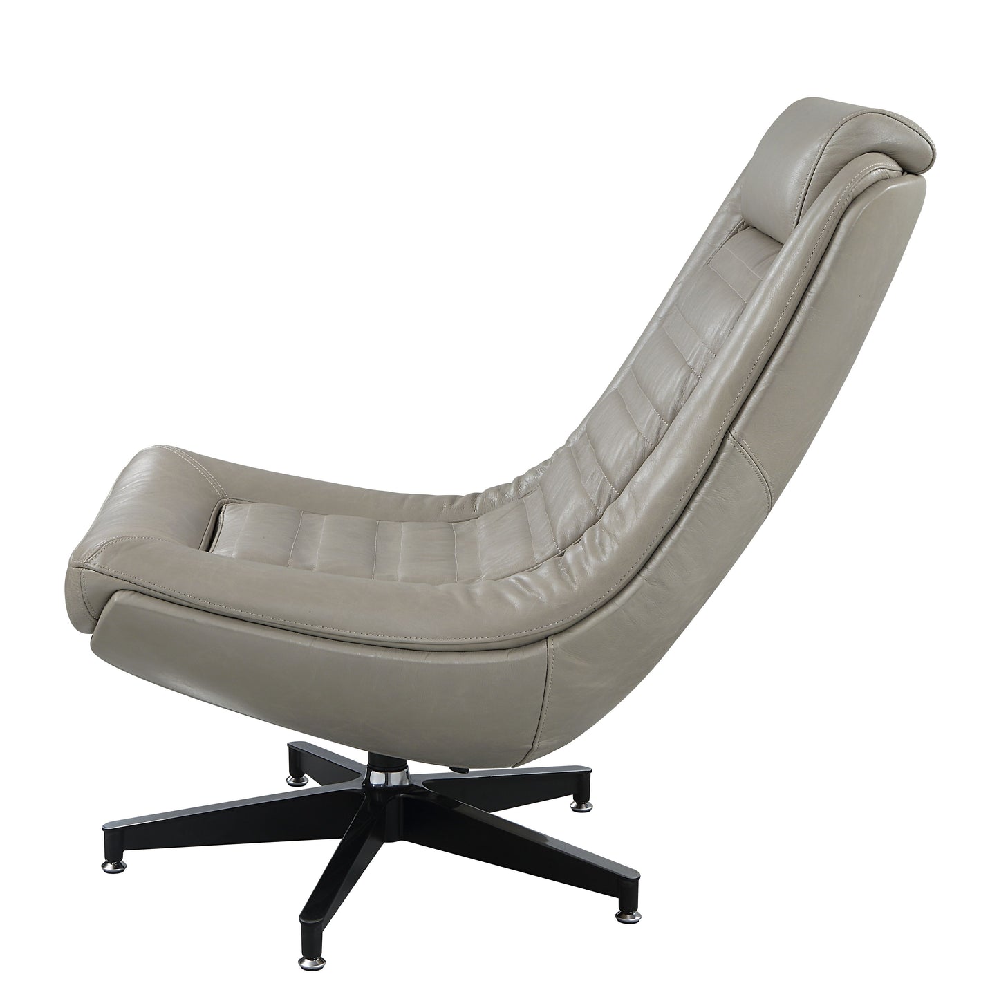 Modern grey leather accent chair with tufted detailing and swivel base