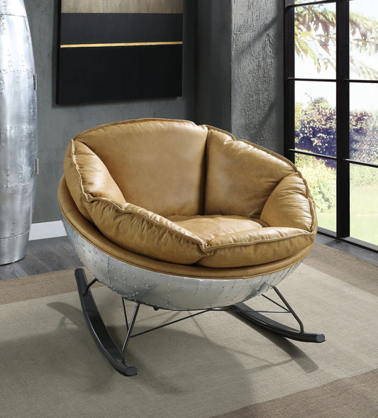 Tan leather rocking chair with riveted aluminum base modern accent furniture
