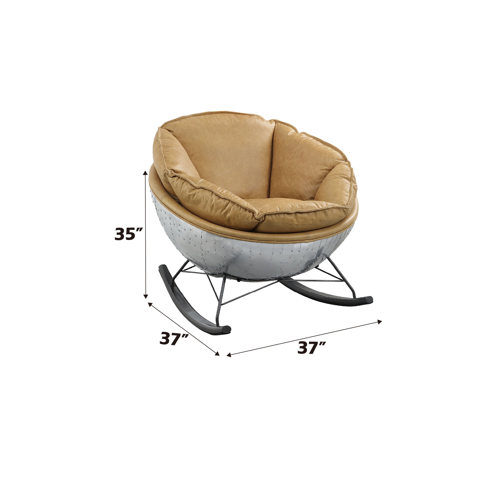 Tan leather aviator rocking chair with polished metal exterior and rivet details