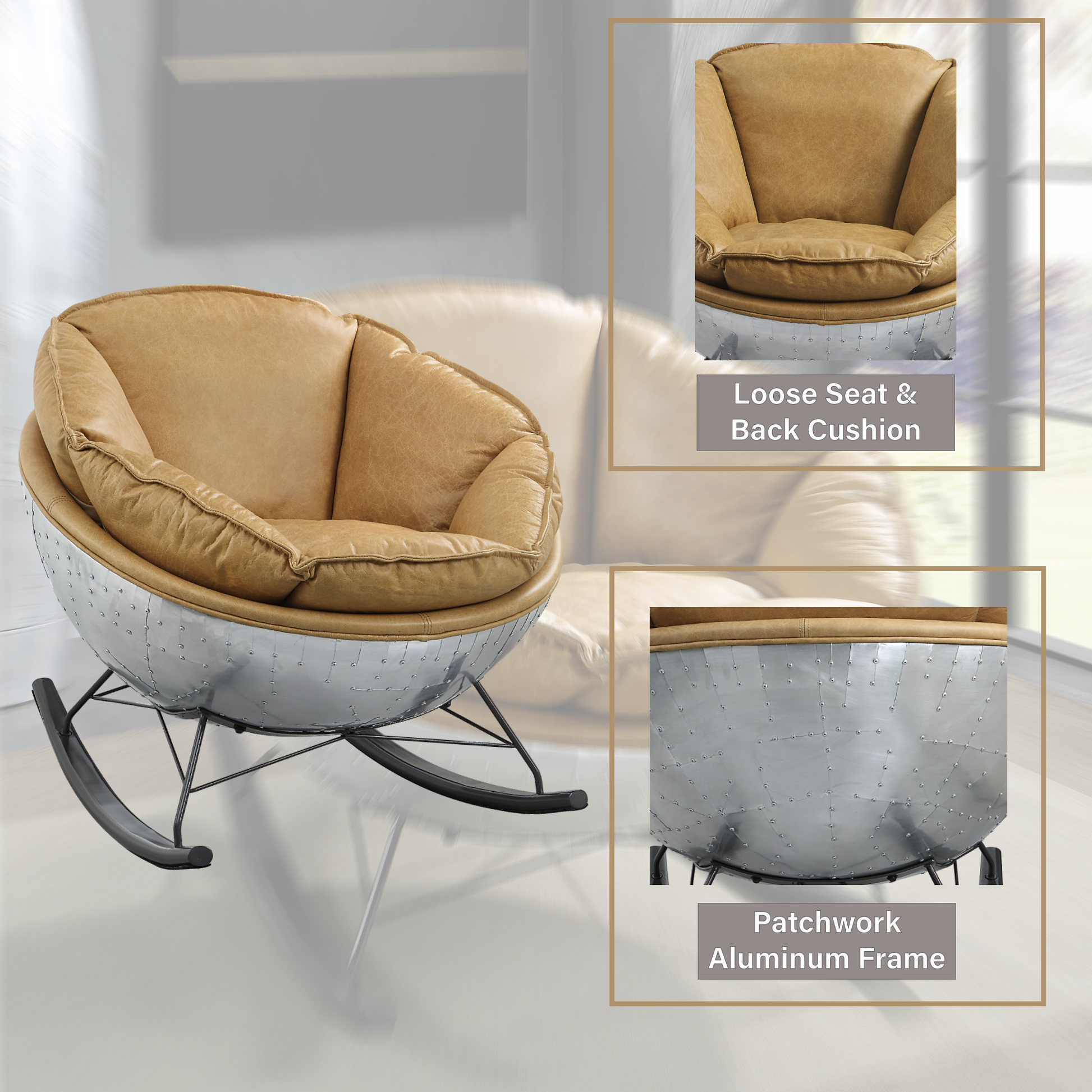 Tan leather armchair with a patchwork aluminum frame and rocking base