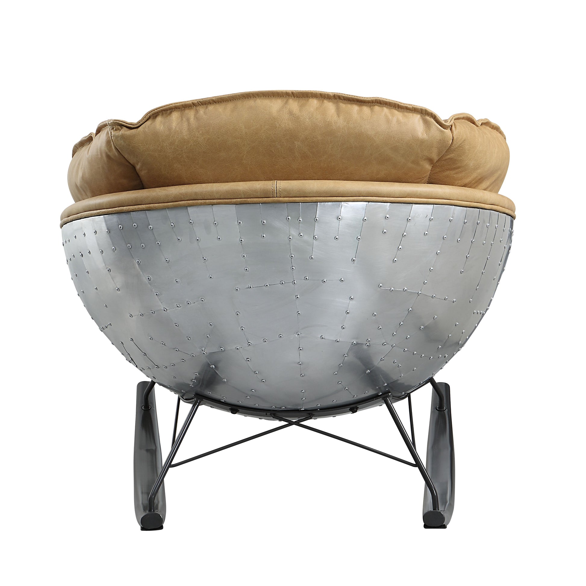 Tan leather aviator armchair with a polished aluminum riveted base