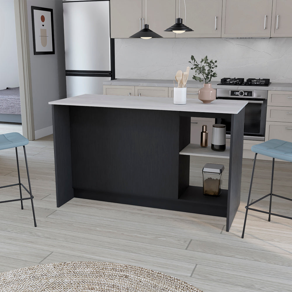 Dark wood kitchen island with white countertop and open shelving