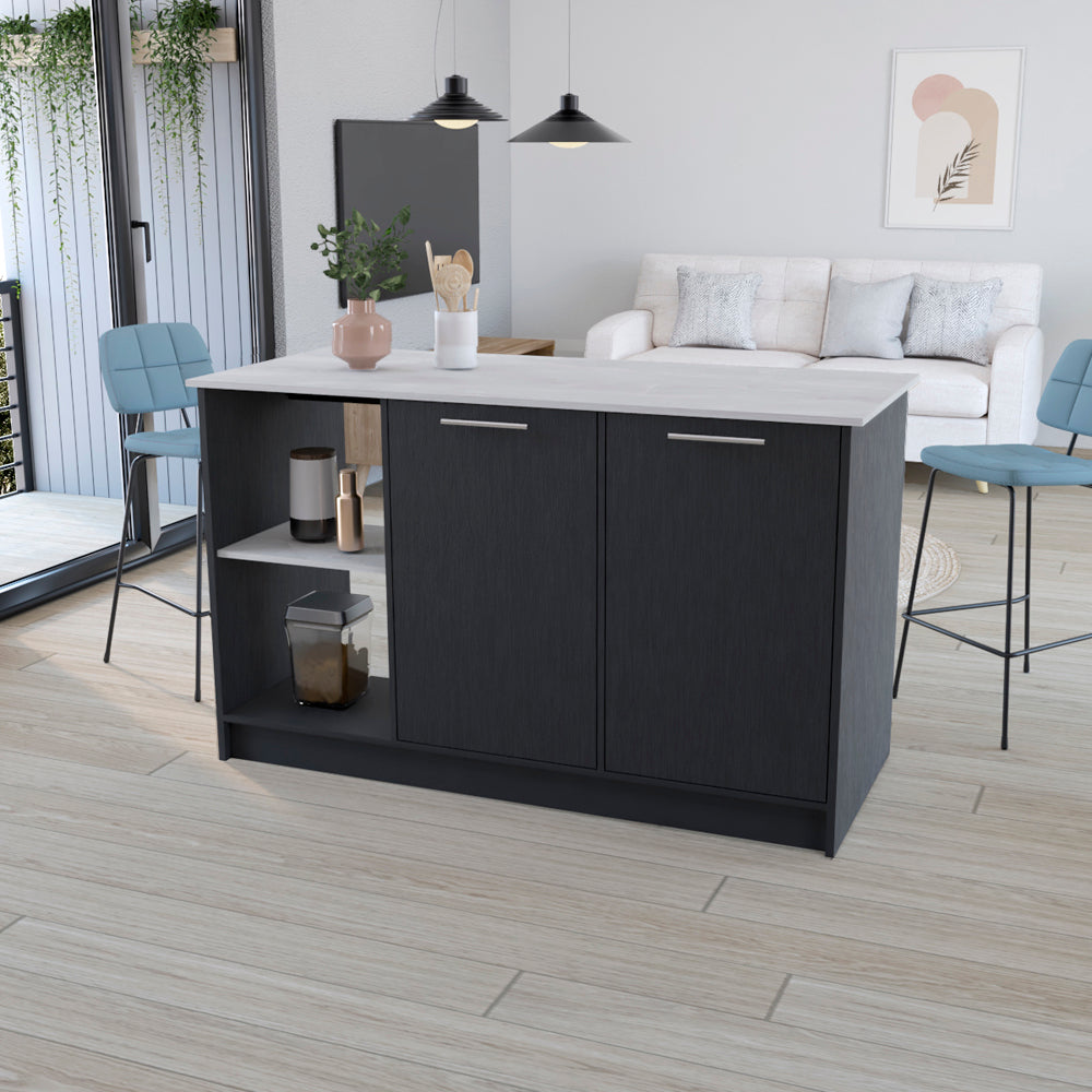Dark grey kitchen island with white countertop and open shelves