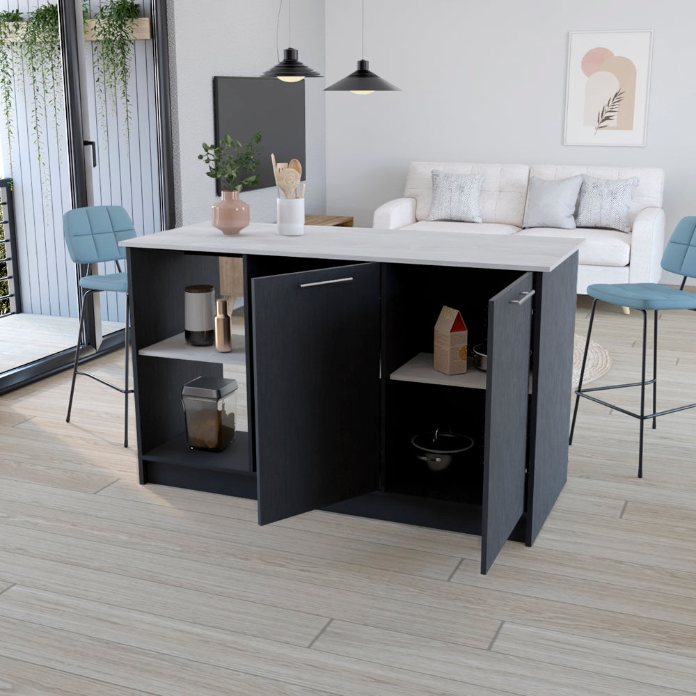 Modern kitchen island with dark wood doors and a white countertop