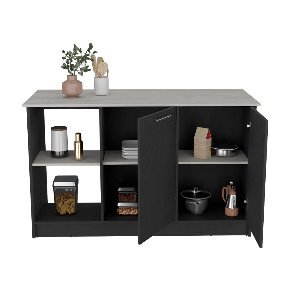 Modern gray and black kitchen island cabinet with storage
