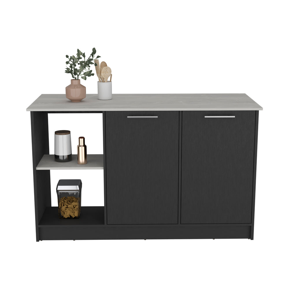 Modern kitchen island with dark grey cabinets and light grey countertop