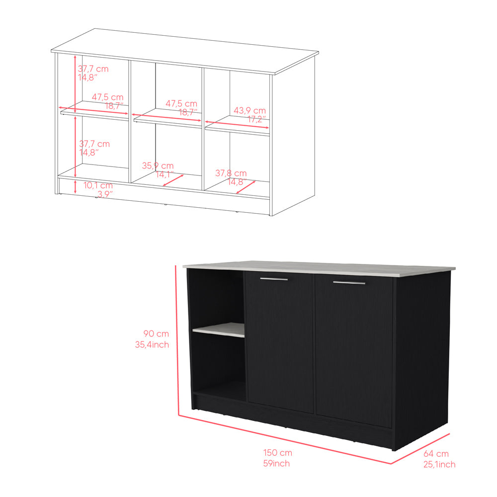 Black kitchen island with two doors and one open shelf