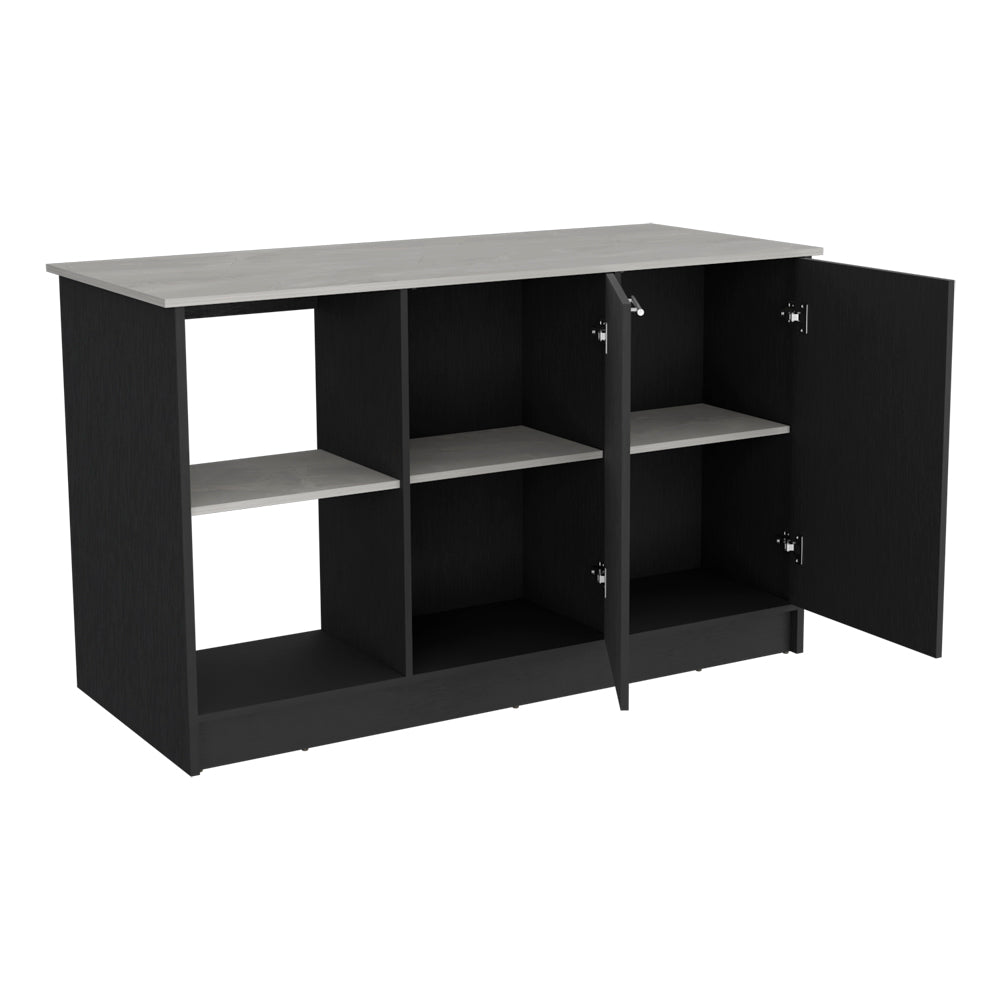 Black cabinet with light gray countertop and open doors