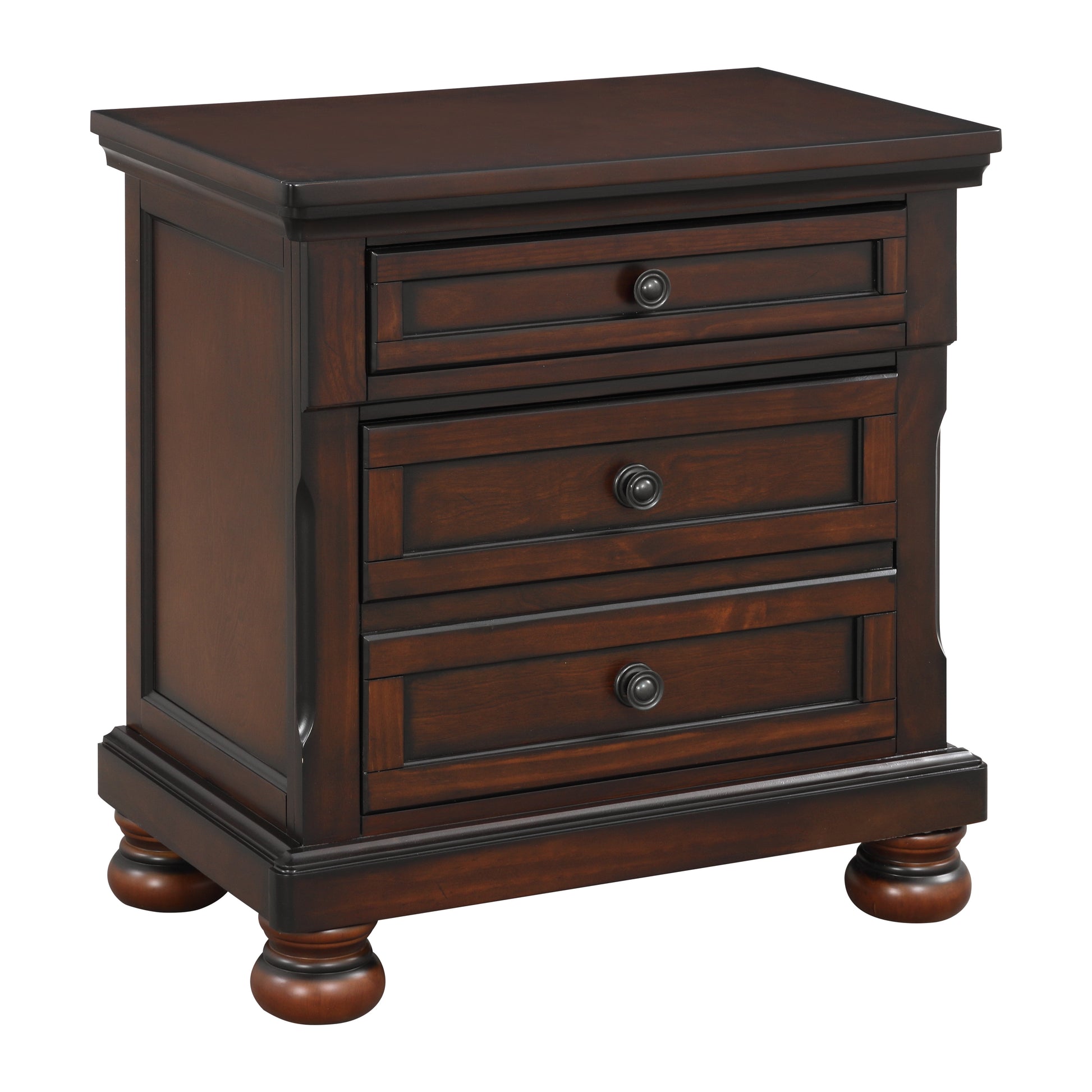 Dark brown wood nightstand with three drawers and ornate carved legs