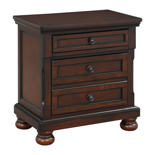 Dark brown wood nightstand with three drawers and ornate carved legs