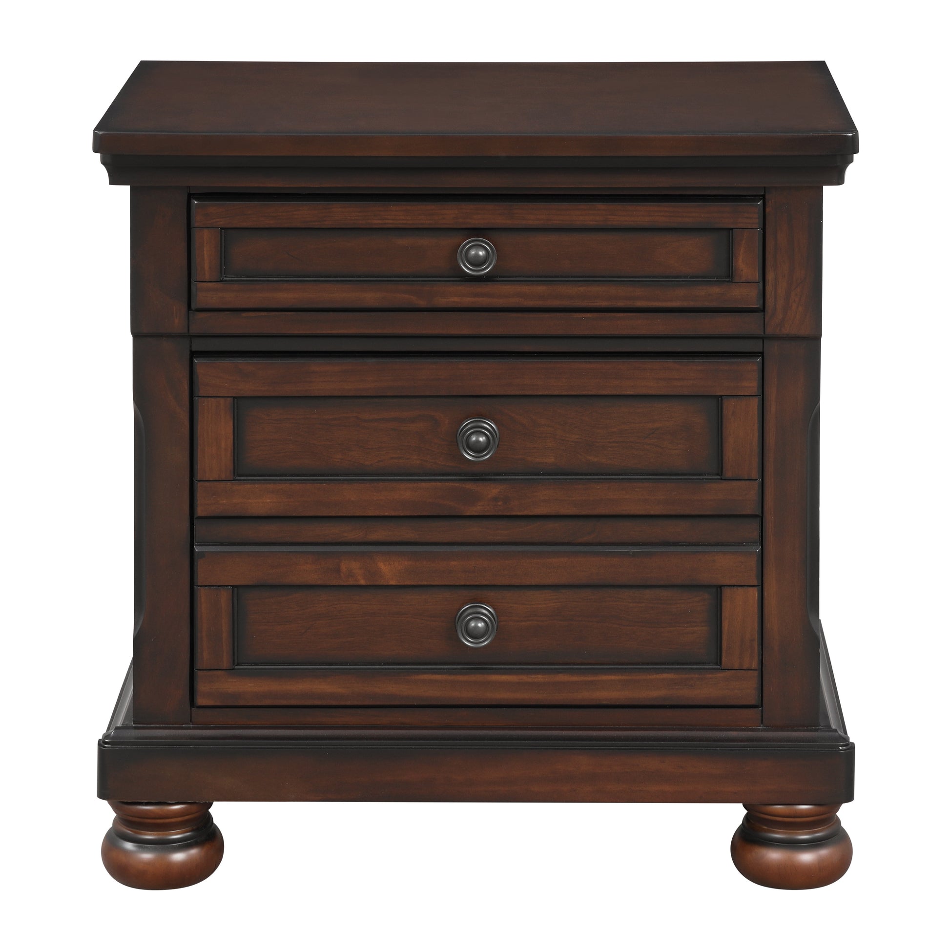 Dark cherry wood nightstand with three drawers and decorative knob hardware