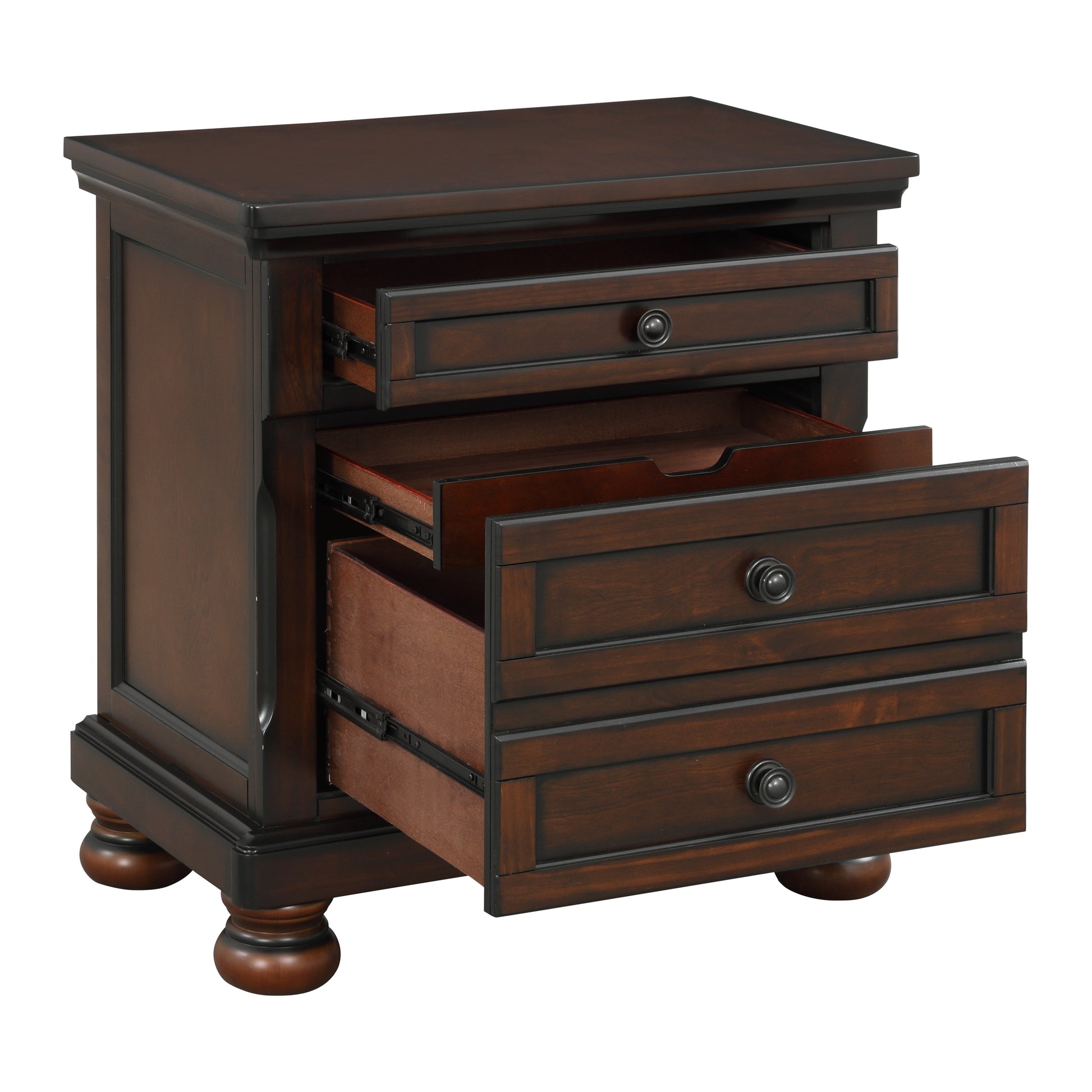Dark brown wooden nightstand with three drawers and classic dark pulls