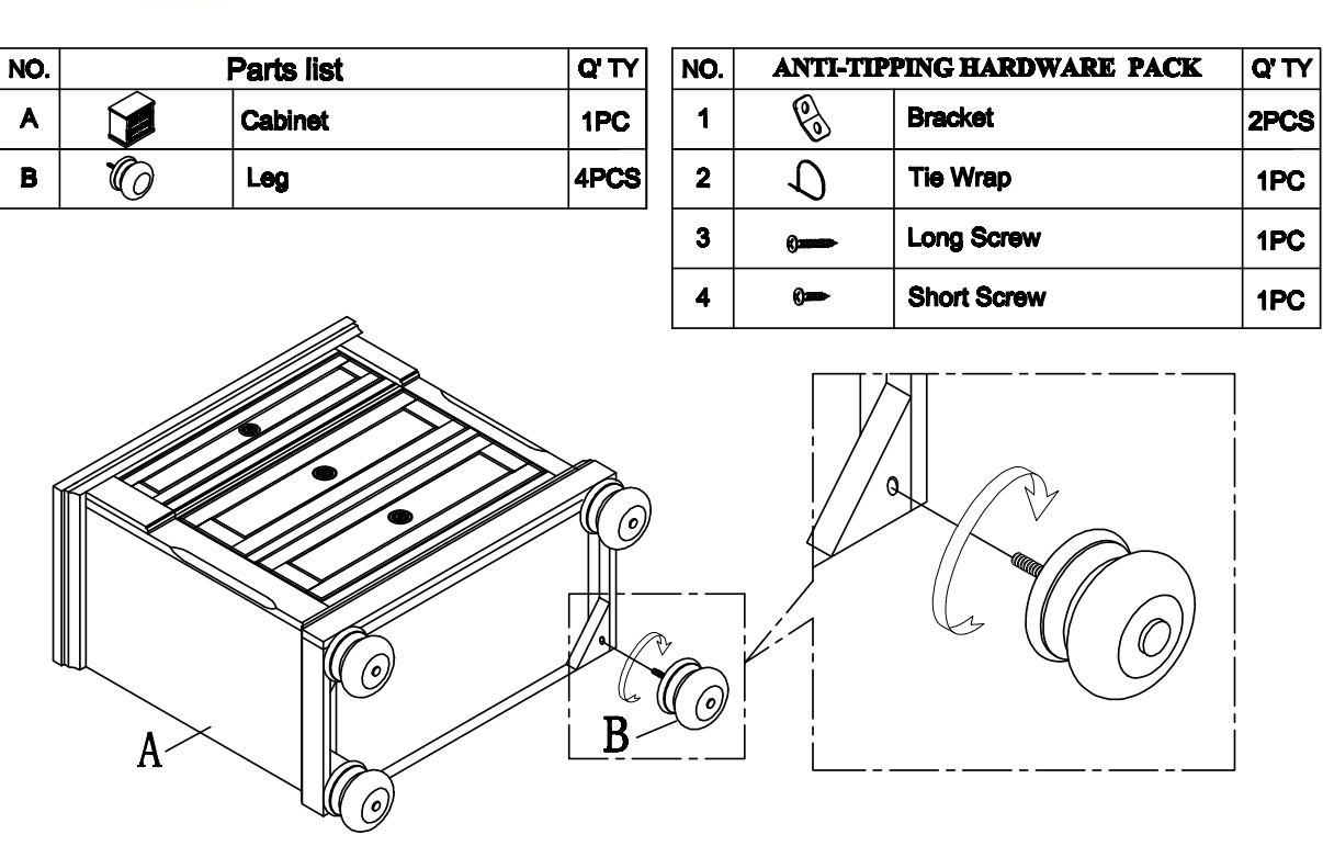 Isometric drawing of a cabinet with wheels showing assembly parts