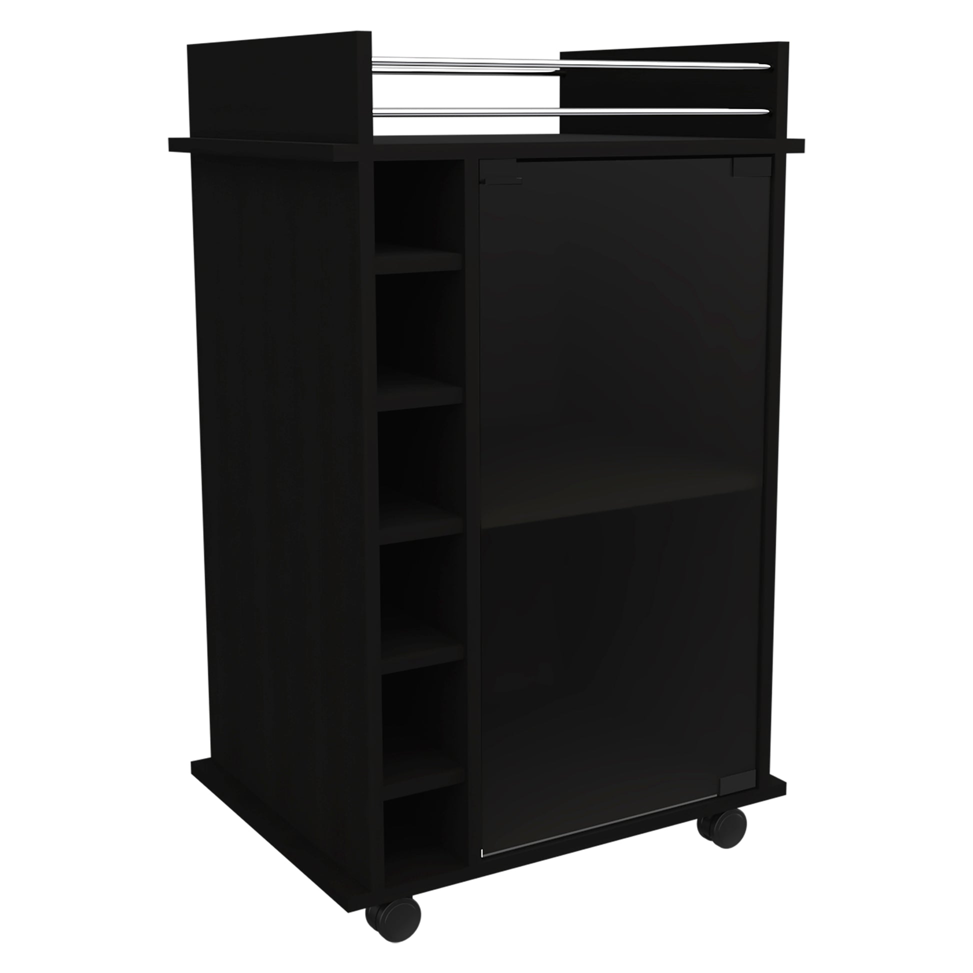 Black rolling bar cart with modern design and chrome rails