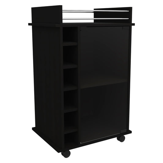 Black rolling bar cart with modern design and chrome rails