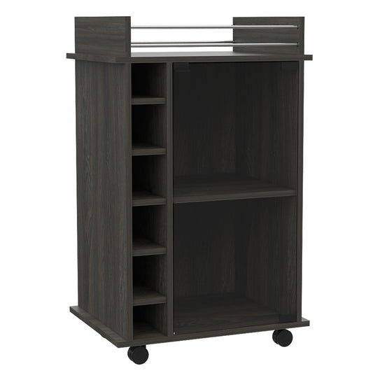 Dark grey wood bar cart with  bottle slots and  shelves
