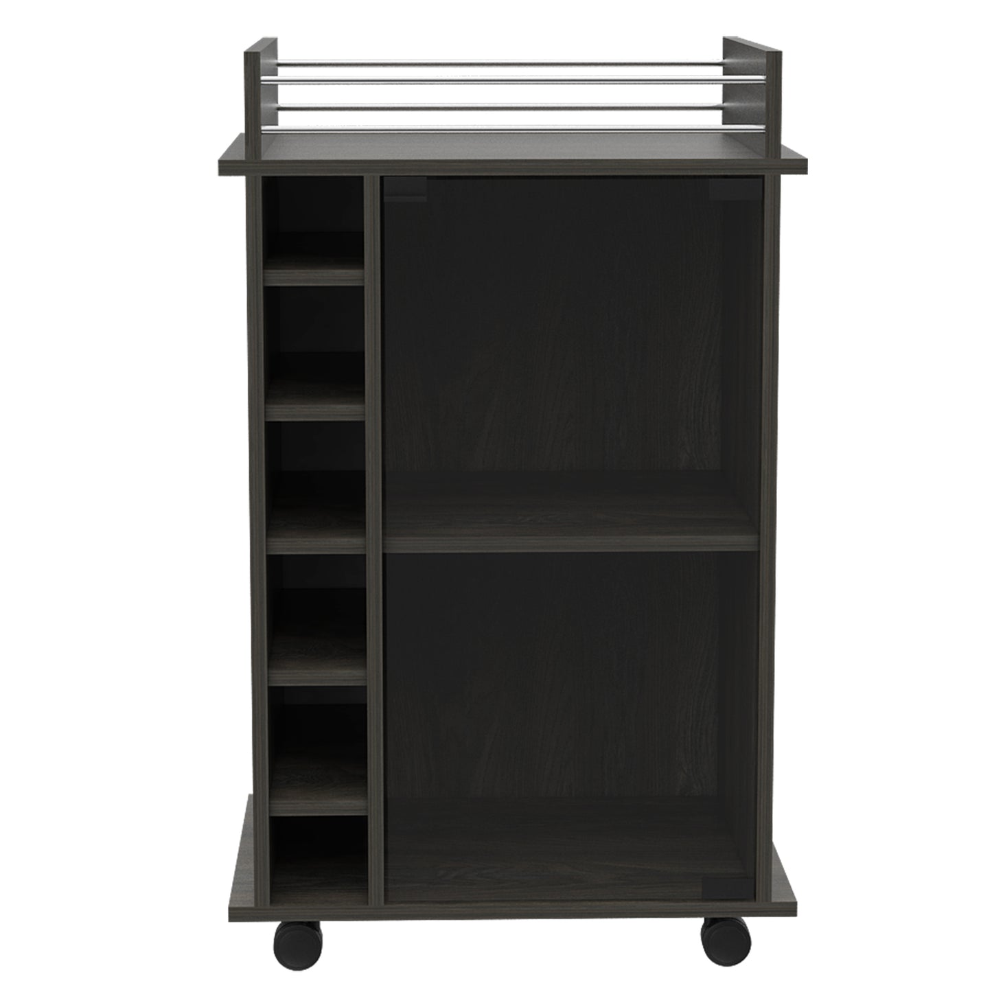 Dark wood bar cart with wine rack and open shelving