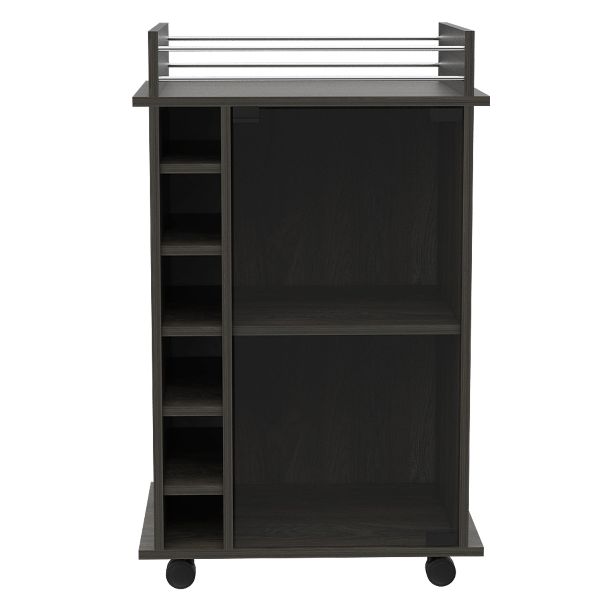 Dark wood bar cart with wine rack and open shelving
