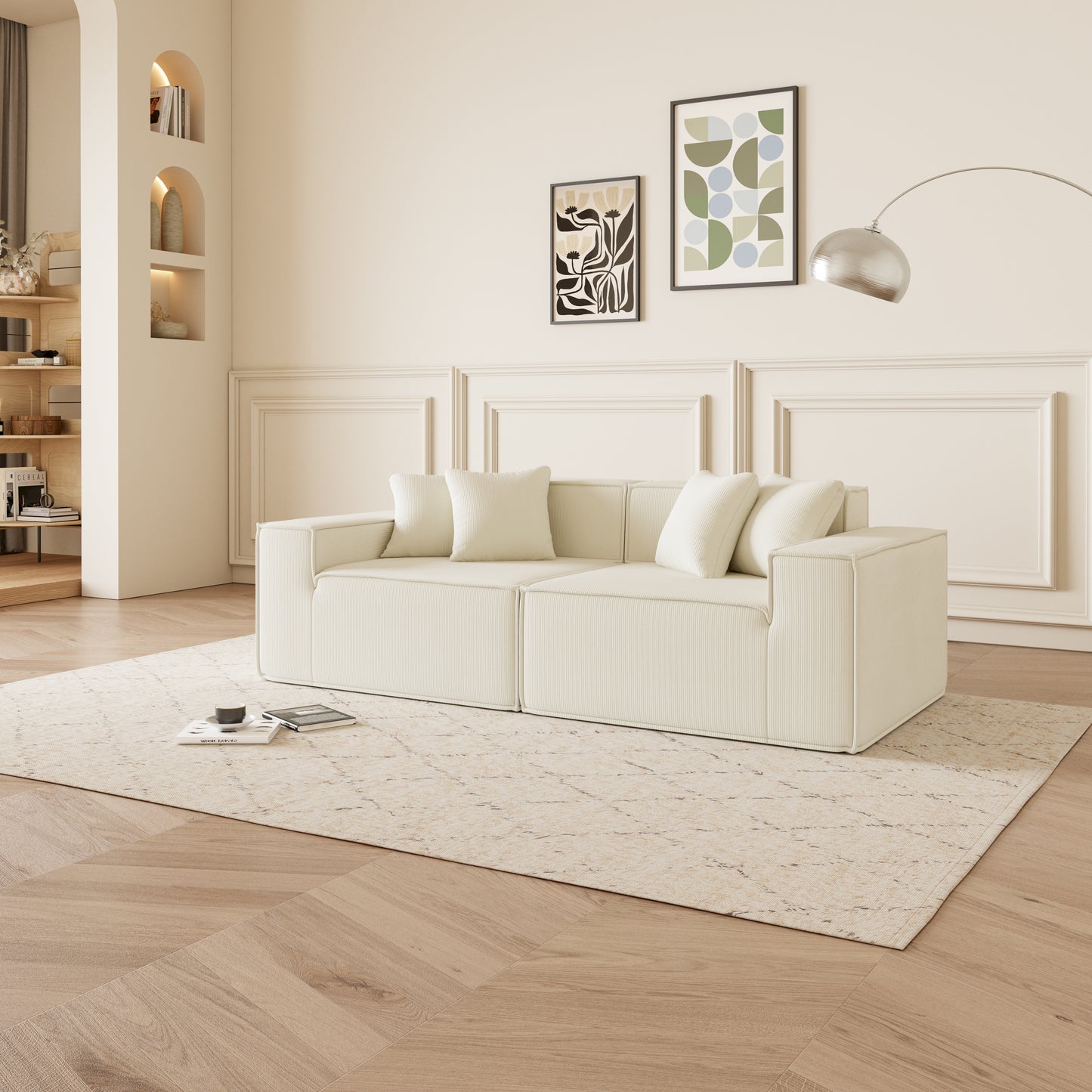 Minimalist cream corduroy sectional sofa with plush cushions in a modern living room