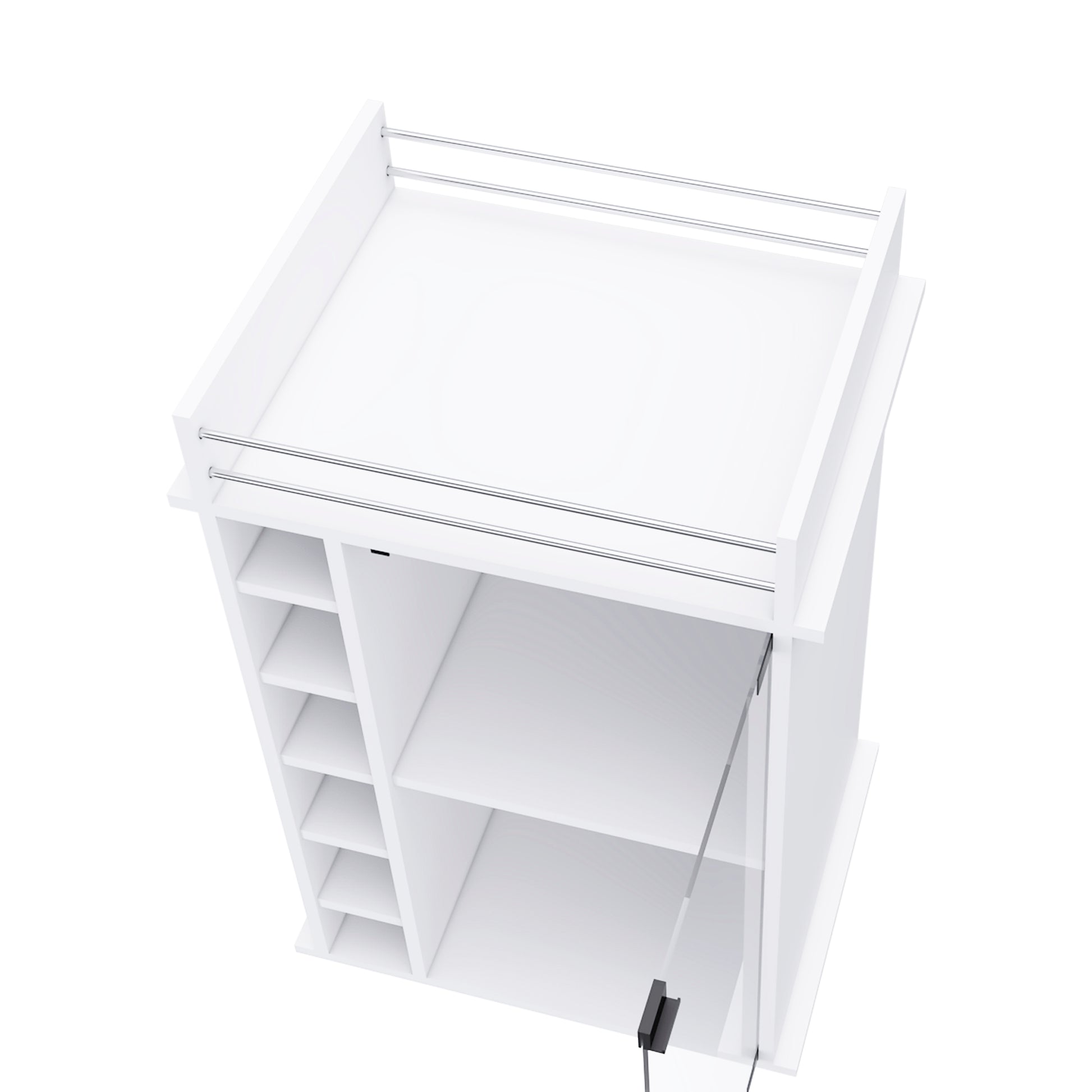 White modern bar cart with metal rails and glass door
