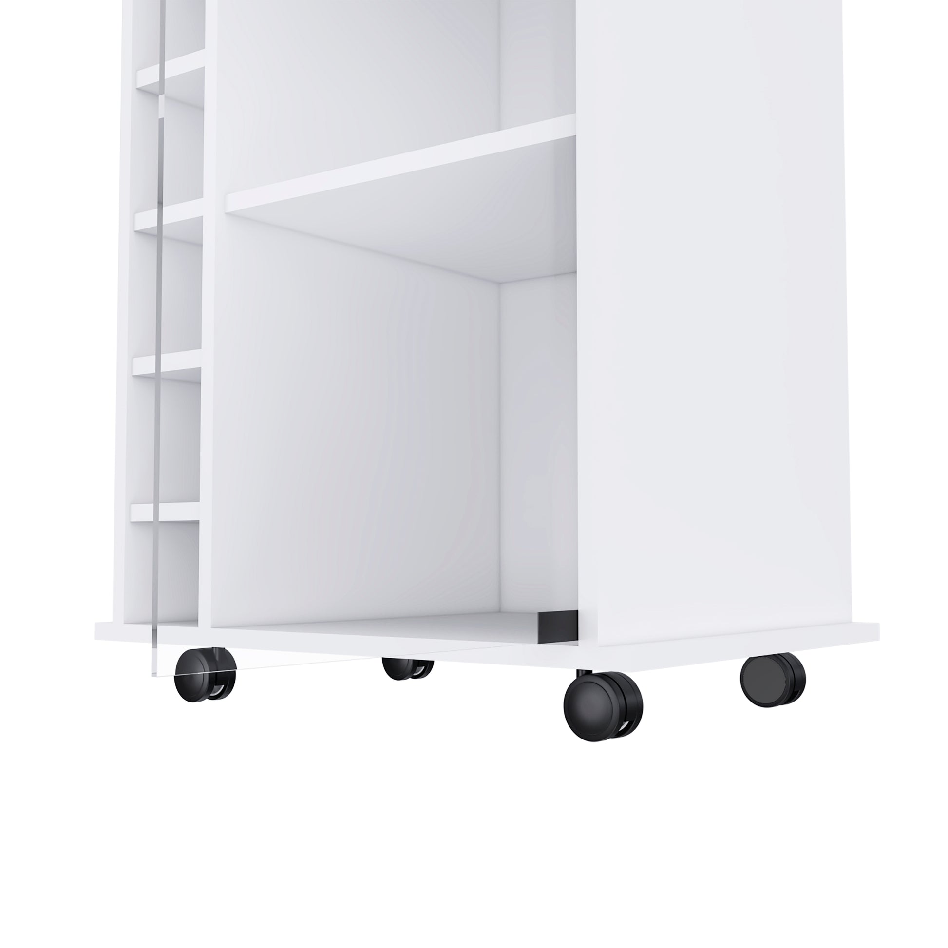 White storage cabinet with shelves and black caster wheels