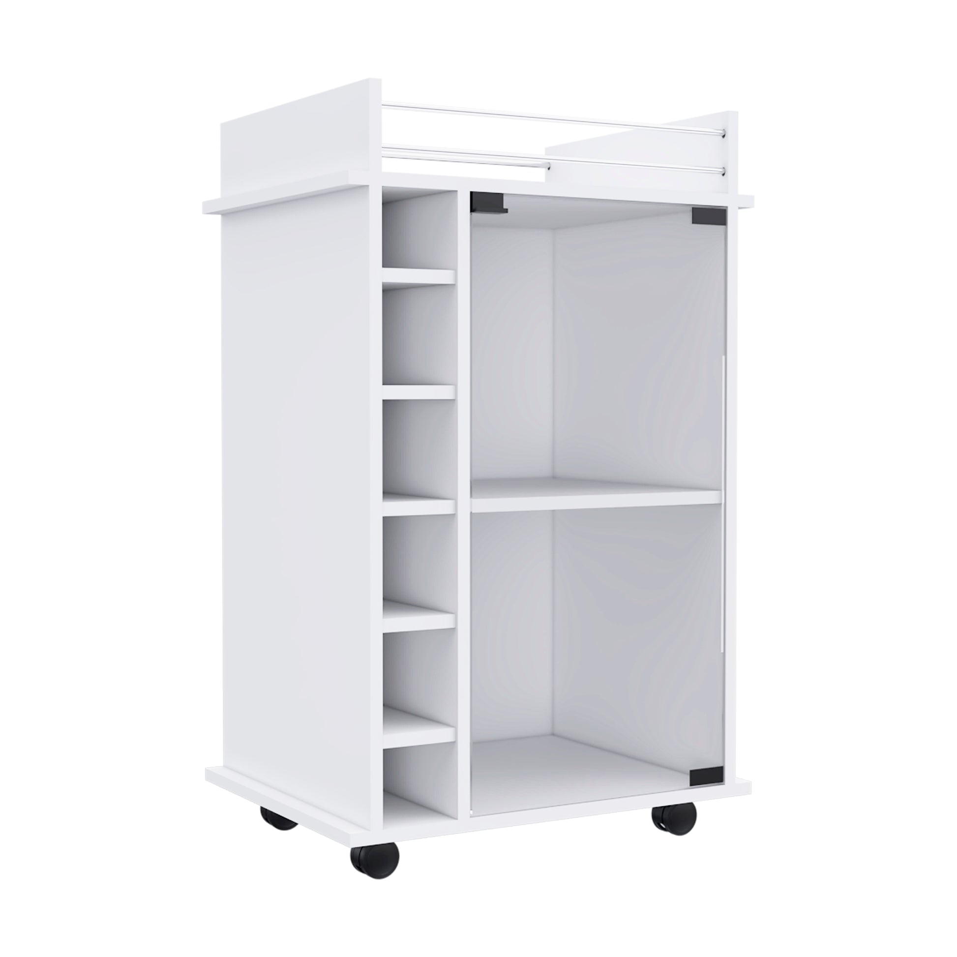White rolling bar cart with open shelving and metal supports