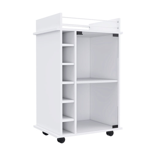 White rolling bar cart with open shelving and metal supports