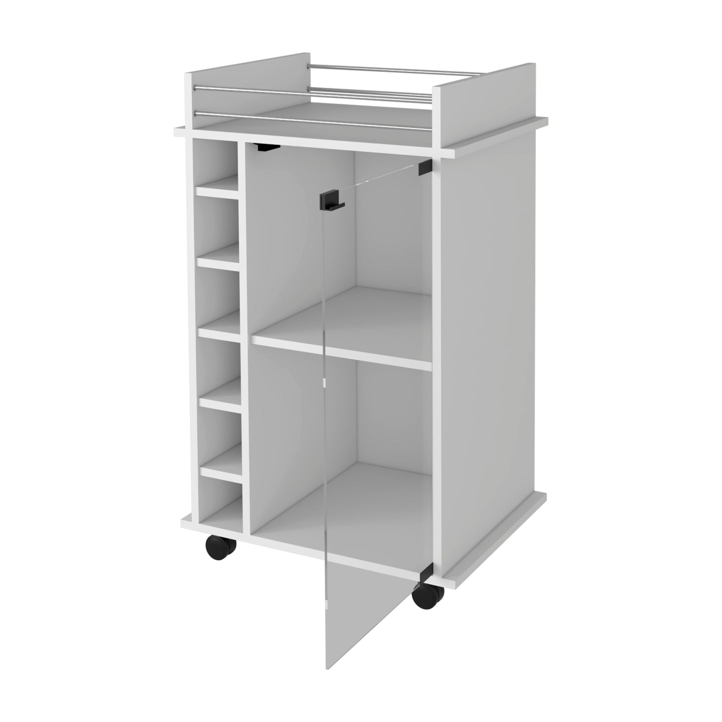 White rolling kitchen cart with open shelving and a glass door
