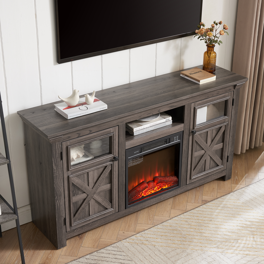 Gray wood TV stand with builtin electric fireplace and glasspaneled doors