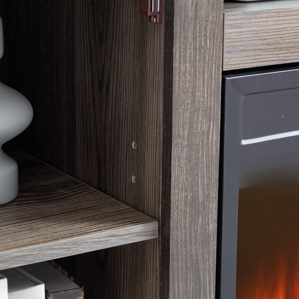 Dark wood grain media console shelf detail showing faux wood finish and construction