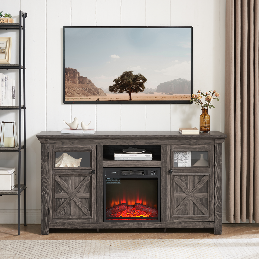 Rustic gray wood TV stand with electric fireplace and glasspaneled doors