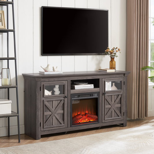 Gray wooden media console with electric fireplace and glass cabinet doors farmhouse style
