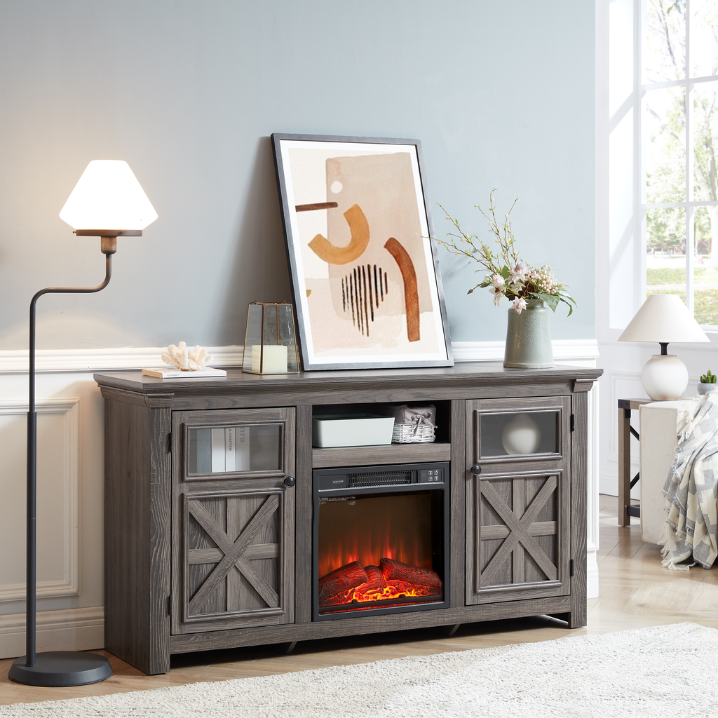 Gray rustic fireplace TV stand with barn door details and glass cabinets