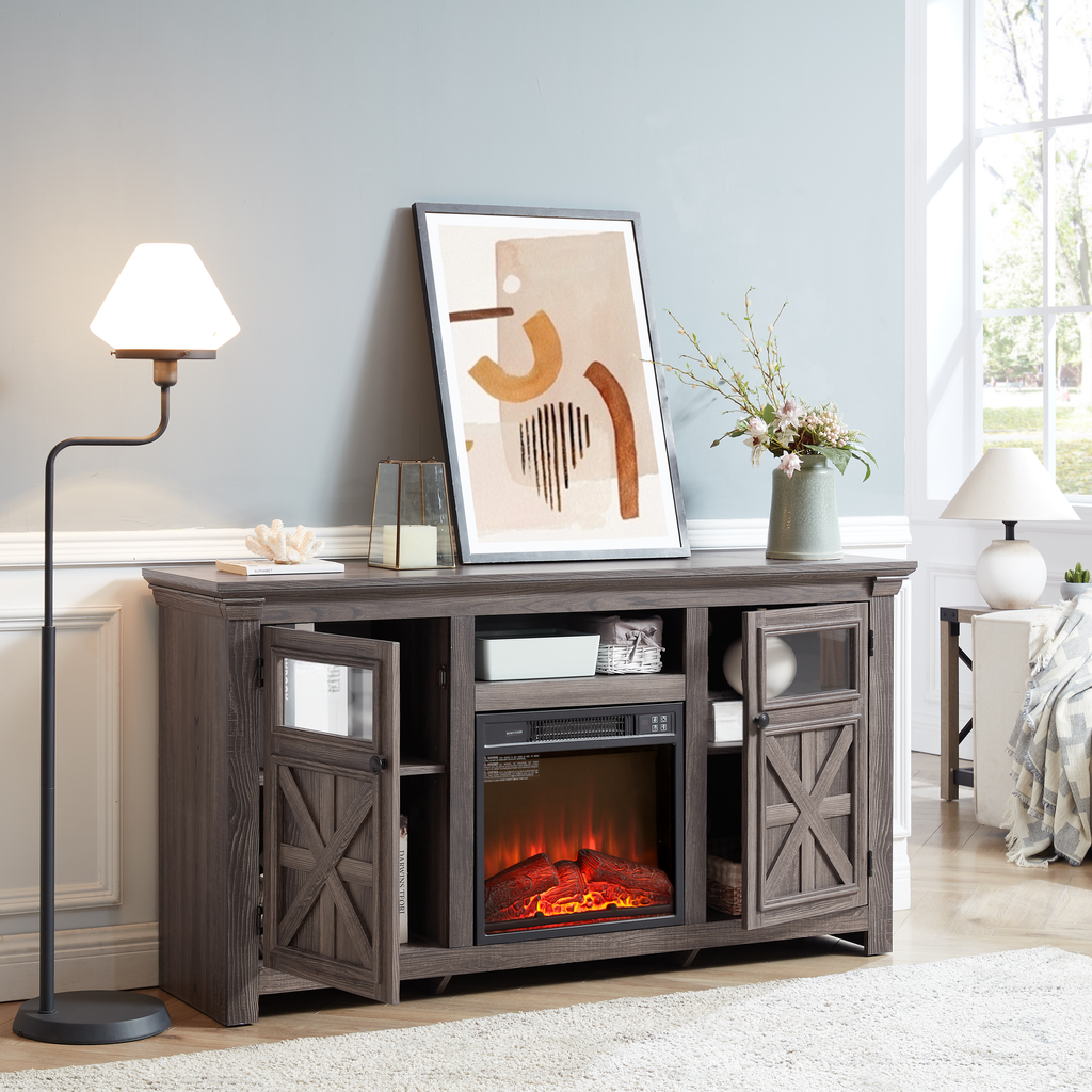 Rustic grey wood TV stand with builtin electric fireplace and glass doors