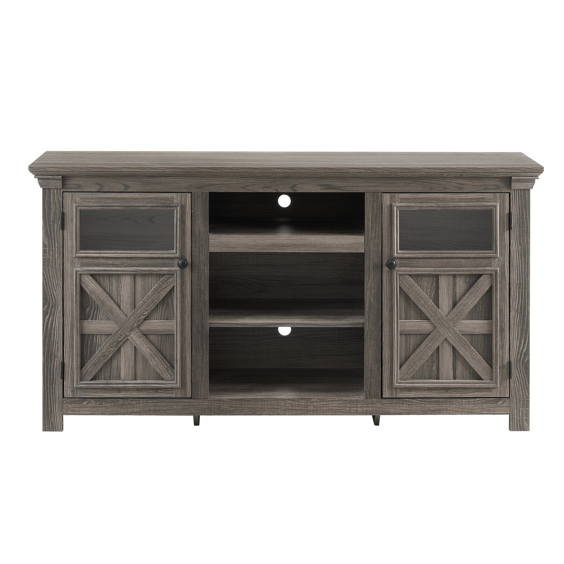 Gray wooden TV stand with glass doors and barn door accents
