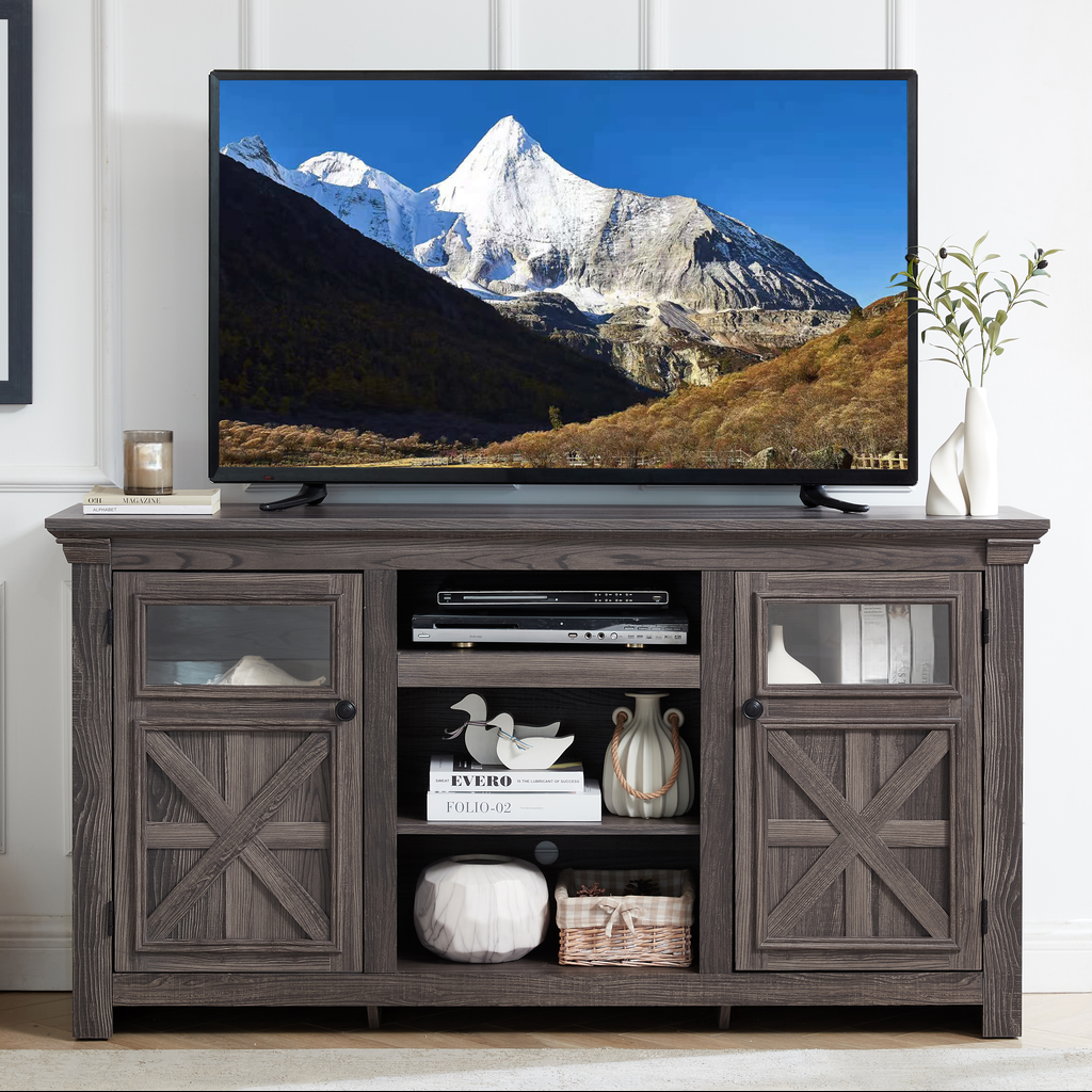 Rustic grey wood TV stand with double barn doors and glass display shelves
