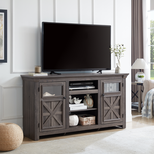 Rustic gray wood TV stand with sliding glass doors and barnstyle X paneling