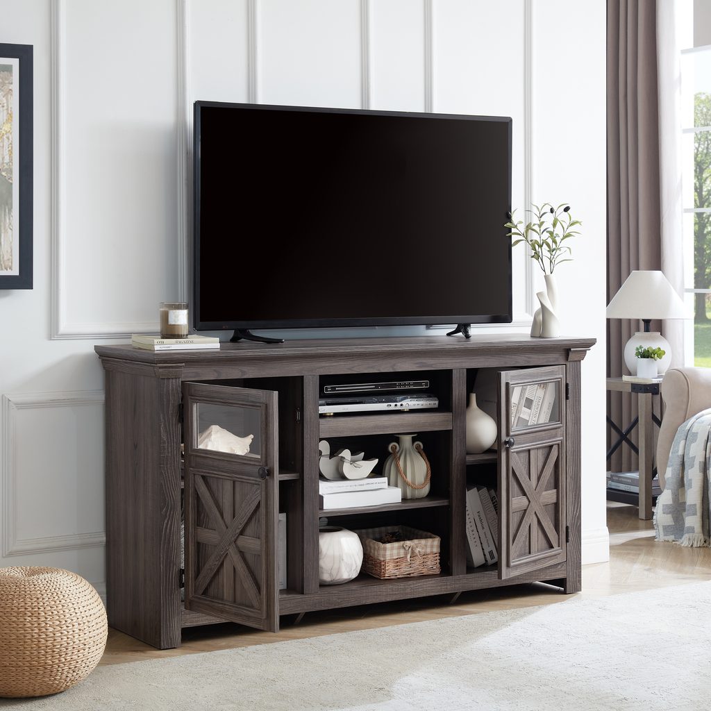 Gray rustic TV stand with glass doors perfect for living room media storage
