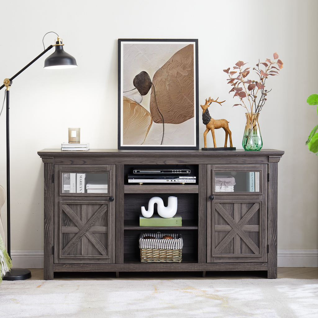 Rustic gray wood media console with glass doors and Xbrace details